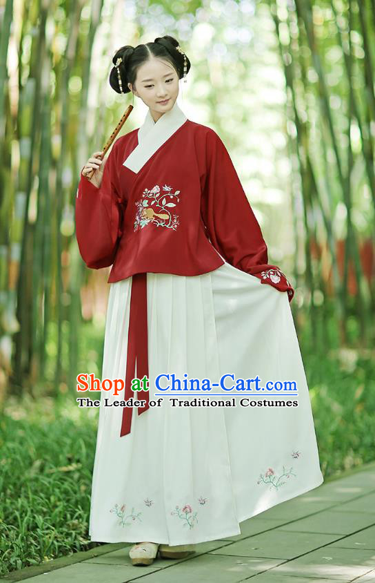 Traditional Chinese Ancient Young Lady Hanfu Costumes, Asian China Ming Dynasty Palace Princess Embroidery Red Blouse and Skirt for Women
