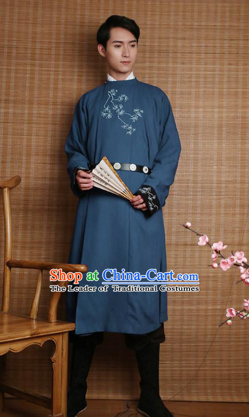 Traditional Chinese Ancient Hanfu Costumes, Asian China Ming Dynasty Imperial Guards Embroidery Blue Long Robe for Men