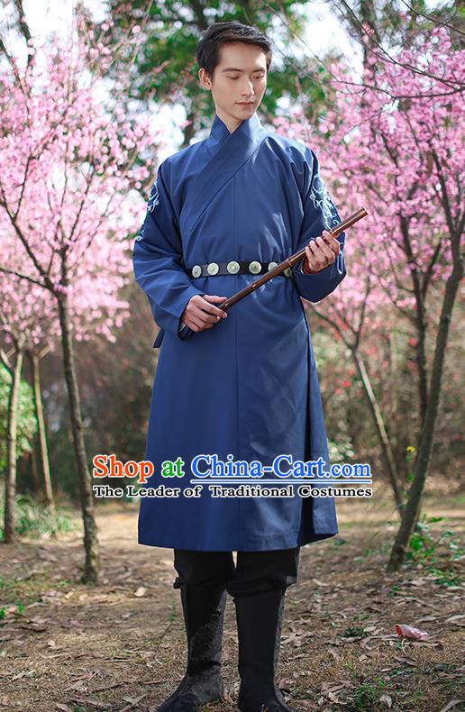 Traditional Chinese Ancient Hanfu Swordsman Costumes, Asian China Ming Dynasty Imperial Guards Embroidery Blue Long Robe for Men