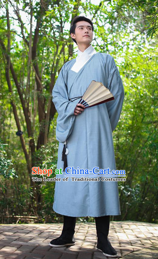 Traditional Chinese Ancient Hanfu Costume, Asian China Han Dynasty Swordsman Blue Long Robe for Men