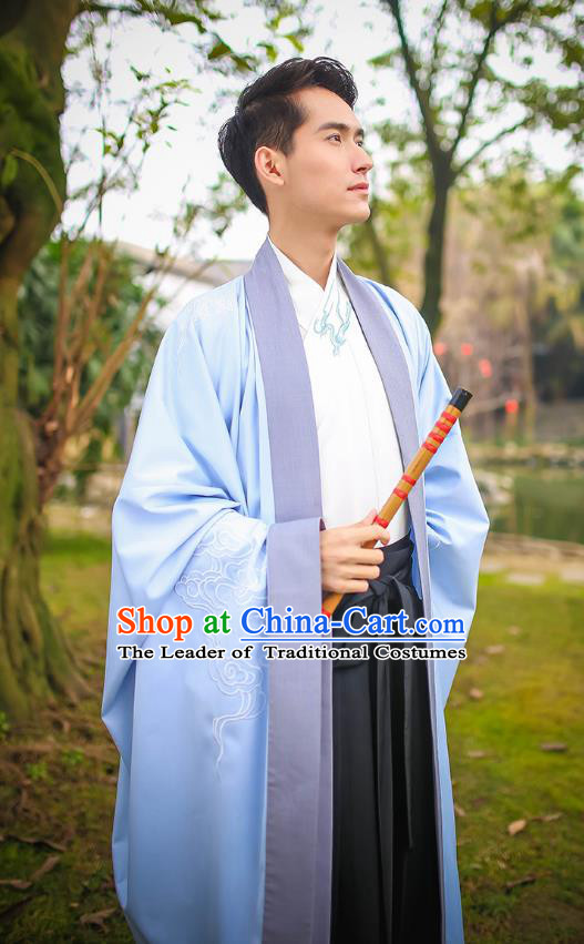 Traditional Chinese Ancient Hanfu Swordsman Costumes, Asian China Jin Dynasty Embroidery Blue Cloak for Men