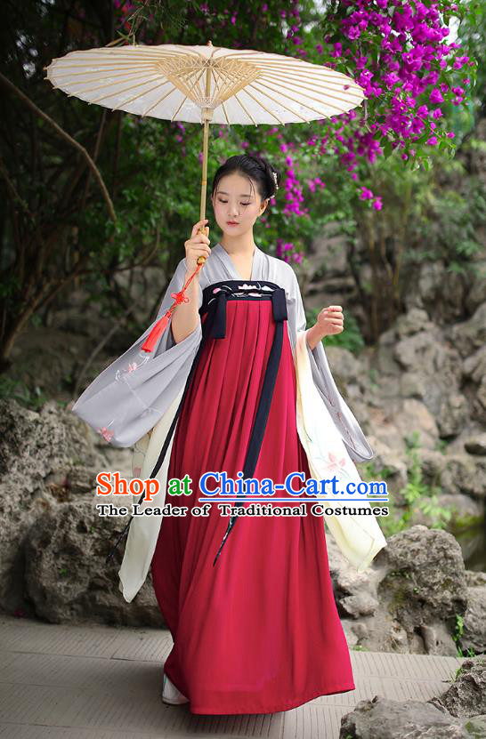 Traditional Chinese Ancient Hanfu Imperial Princess Costume, Asian China Tang Dynasty Palace Lady Embroidery Red Slip Dress for Women