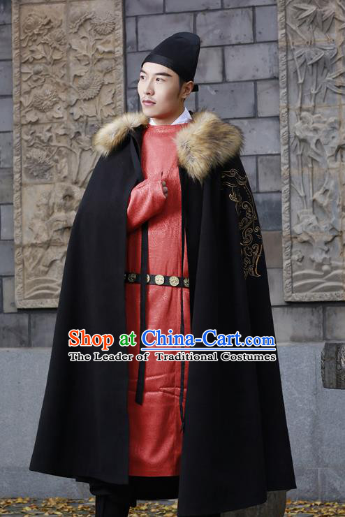 Traditional Chinese Ancient Hanfu Swordsman Cape Costume, Asian China Han Dynasty Embroidery Cloak Black Mantle Clothing for Men