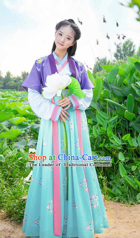 Traditional Chinese Ancient Hanfu Imperial Princess Costume, Asian China Song Dynasty Young Lady Embroidery Half-Sleeves and Slip Dress for Women