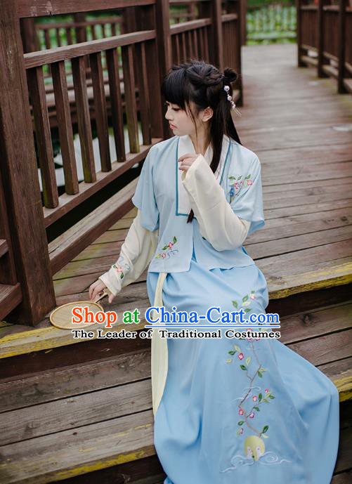 Traditional Chinese Ancient Hanfu Princess Costume, Asian China Song Dynasty Young Lady Embroidery Blue Half-Sleeves and Slip Dress for Women