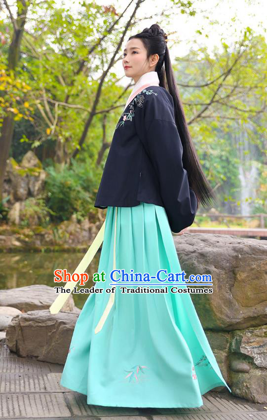 Traditional Chinese Ancient Princess Hanfu Costumes, Asian China Ming Dynasty Palace Lady Embroidery Blouse and Green Slip Skirts for Women