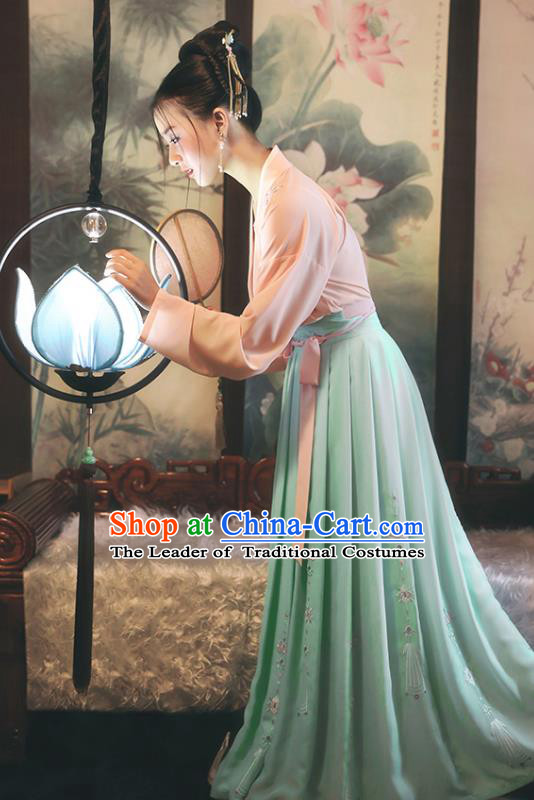 Traditional Chinese Ancient Princess Hanfu Costumes, Asian China Song Dynasty Palace Lady Embroidery Pink Blouse and Green Skirts for Women