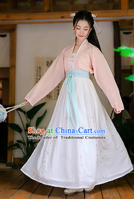 Traditional Chinese Ancient Princess Hanfu Costumes, Asian China Song Dynasty Palace Lady Embroidery Pink Blouse and White Skirts for Women