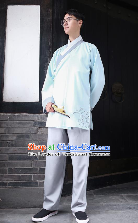 Traditional Chinese Ancient Hanfu Costumes, Asian China Embroidery Blue Blouse and Pants for Men