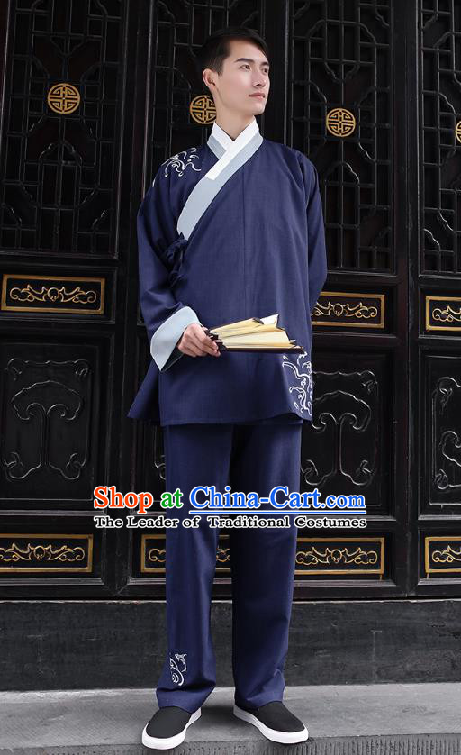 Traditional Chinese Ancient Hanfu Costumes, Asian China Embroidery Navy Blouse and Pants for Men