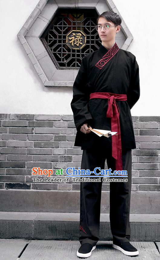 Traditional Chinese Ancient Hanfu Costumes, Asian China Han Dynasty Embroidery Black Blouse and Pants for Men