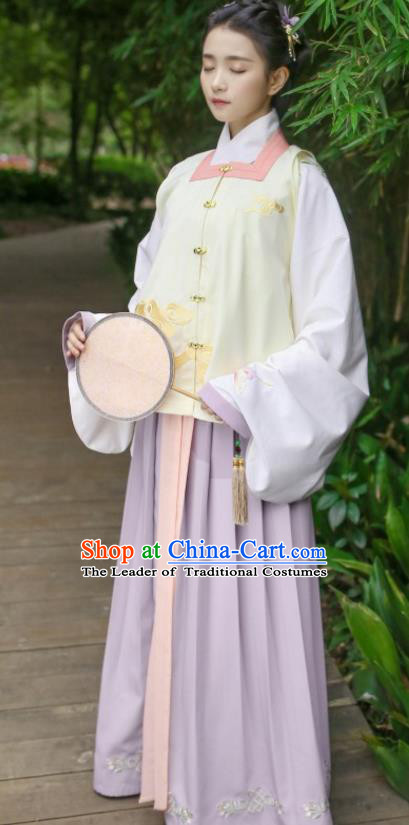 Traditional Chinese Ancient Hanfu Young Lady Costumes, Asian China Song Dynasty Embroidery Yellow Vest for Women