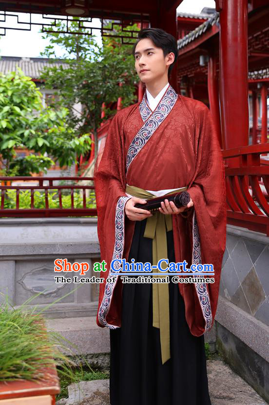 Traditional Chinese Ancient Hanfu Young Men Costumes, Asian China Han Dynasty Embroidery Wedding Clothing for Men