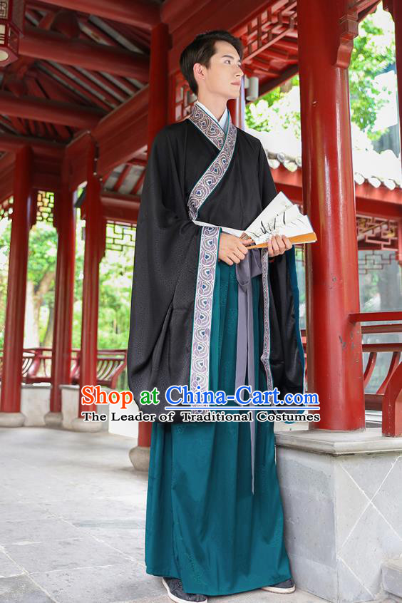 Traditional Chinese Ancient Hanfu Young Men Black Costumes, Asian China Han Dynasty Embroidery Wedding Clothing for Men
