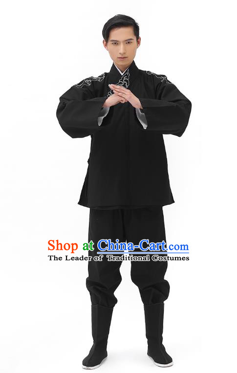Traditional Chinese Ancient Hanfu Costumes, Asian China Han Dynasty Embroidered Black Shirt Upper Outer Garment for Men