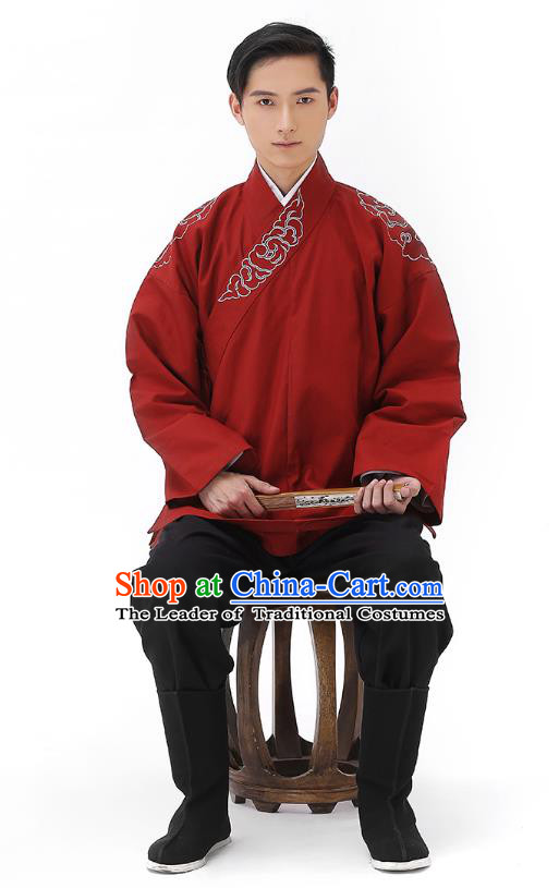 Traditional Chinese Ancient Hanfu Costumes, Asian China Han Dynasty Embroidered Red Shirt Upper Outer Garment for Men