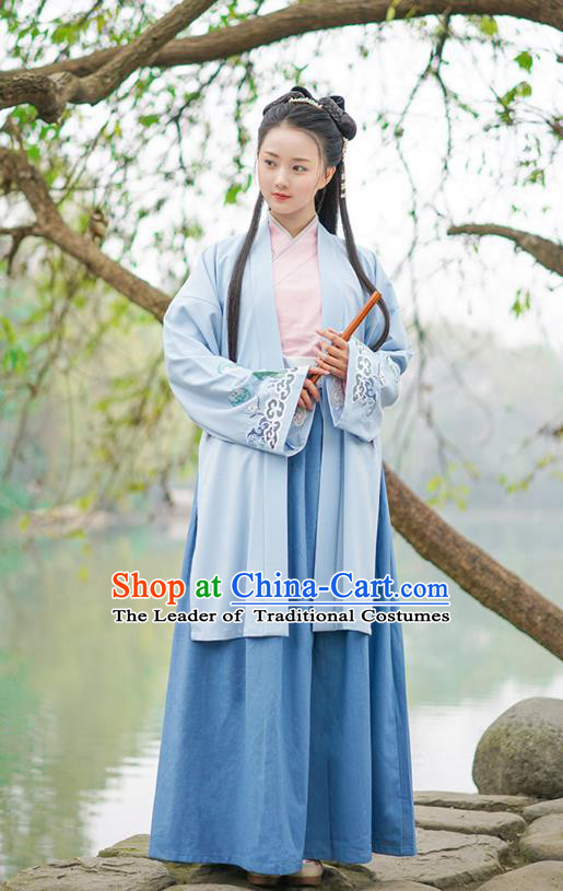 Traditional Chinese Ancient Young Lady Hanfu Costume, Asian China Song Dynasty Princess Embroidered Long BeiZi Blue Cardigan for Women