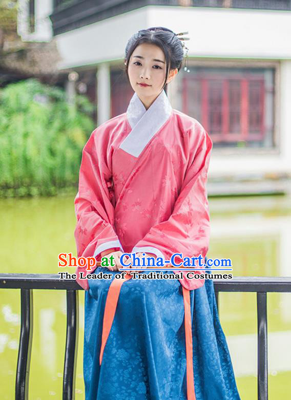 Traditional Chinese Ancient Young Lady Hanfu Costume, Asian China Ming Dynasty Princess Slant Opening Embroidered Pink Blouse for Women