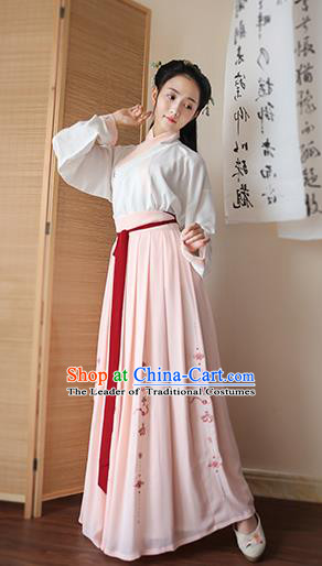 Traditional Chinese Ancient Young Lady Hanfu Costume, Asian China Song Dynasty Princess Embroidered Blouse and Pink Skirts for Women