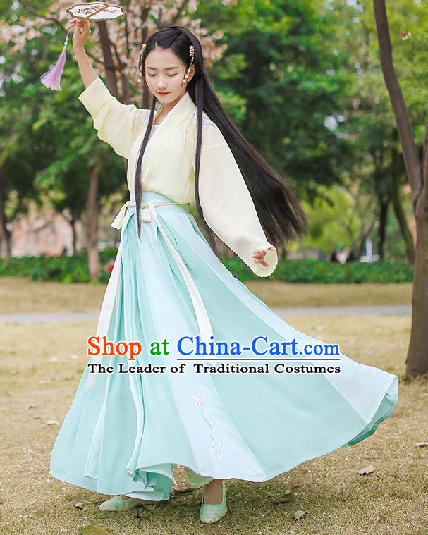 Traditional Chinese Ancient Hanfu Princess Costume, Asian China Song Dynasty Palace Lady Embroidered Blue Slip Skirt for Women