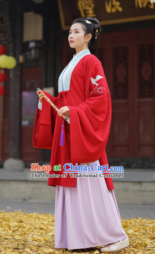 Traditional Chinese Ancient Hanfu Princess Costume, Asian China Han Dynasty Palace Lady Embroidered Crane Red Cloak for Women