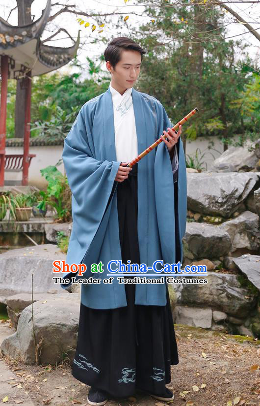 Traditional Chinese Ancient Hanfu Swordsman Costume, Asian China Han Dynasty Imperial Bodyguard Embroidered Blue Cloak for Men