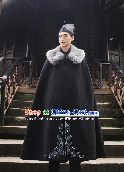 Traditional Chinese Ancient Hanfu Swordsman Costume Hooded Mantle, Asian China Han Dynasty Imperial Bodyguard Embroidered Black Cloak for Men