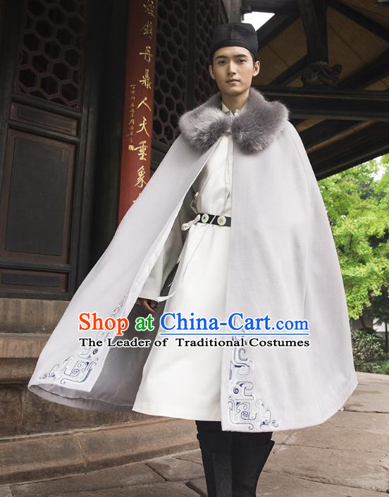 Traditional Chinese Ancient Hanfu Swordsman Costume Hooded Mantle, Asian China Han Dynasty Imperial Bodyguard Embroidered Grey Cloak for Men