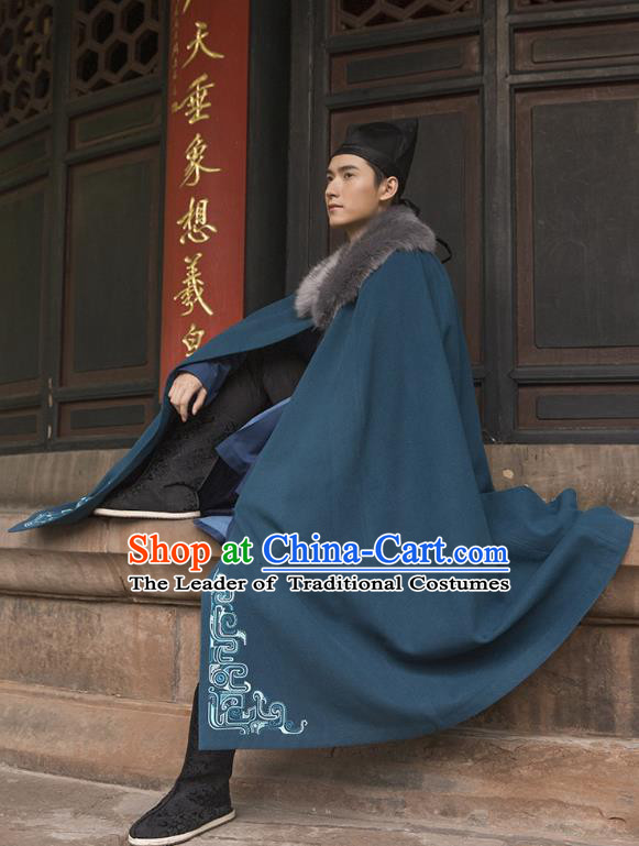 Traditional Chinese Ancient Hanfu Swordsman Costume Hooded Mantle, Asian China Han Dynasty Imperial Bodyguard Embroidered Peacock Blue Cloak for Men