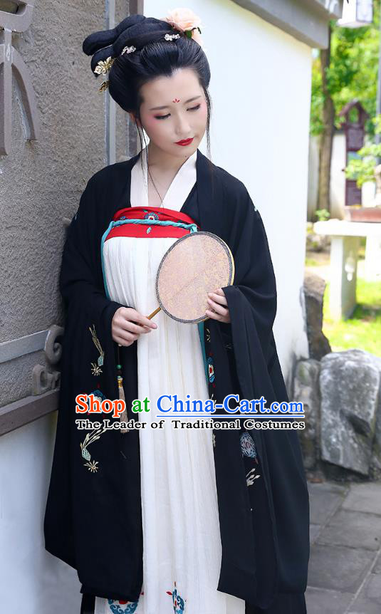 Traditional Chinese Ancient Hanfu Princess Costume Wide Sleeve Black Cardigan, Asian China Tang Dynasty Palace Lady Embroidered Clothing for Women