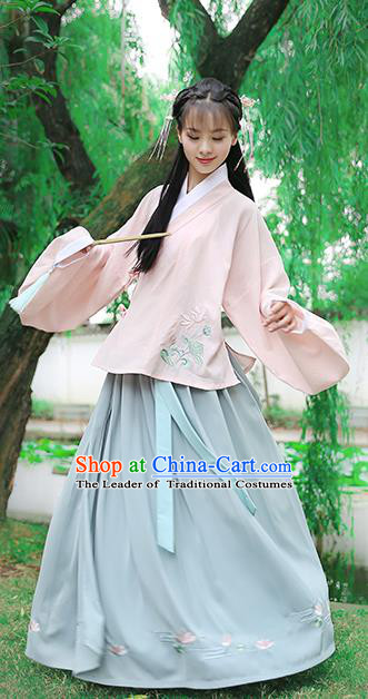 Traditional Chinese Ancient Hanfu Princess Costume Pink Blouse and Skirts, Asian China Ming Dynasty Palace Lady Embroidered Clothing for Women
