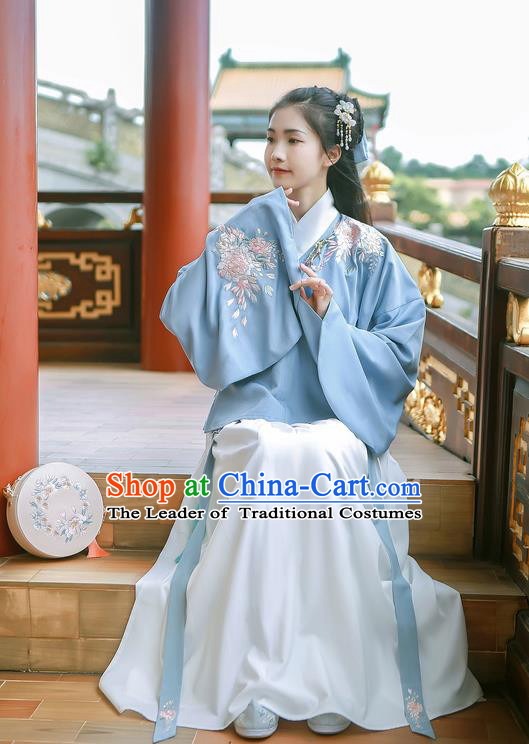 Traditional Chinese Ancient Hanfu Costume Palace Lady Clothing, Asian China Jin Dynasty Embroidered Blue Blouse and White Skirts for Women