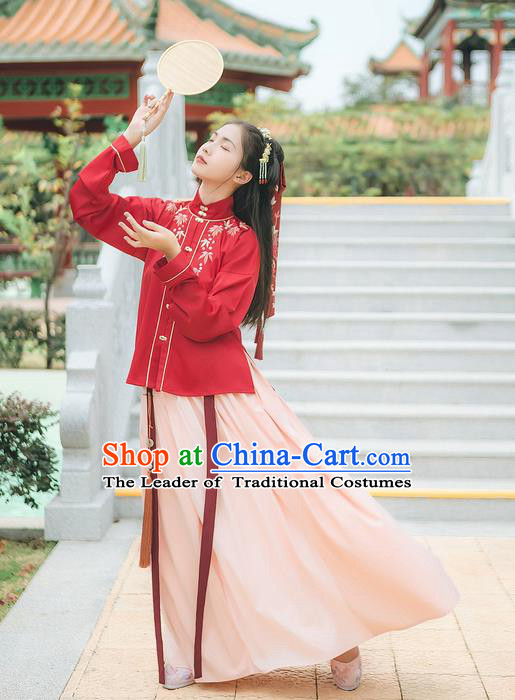 Traditional Chinese Ancient Hanfu Costume Palace Lady Clothing, Asian China Ming Dynasty Embroidered Red Blouse and White Skirts for Women
