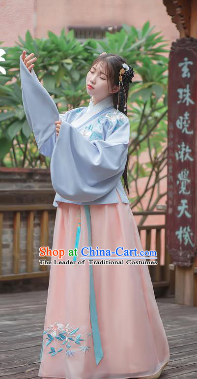 Traditional Chinese Ancient Hanfu Costume Palace Lady Dress, Asian China Ming Dynasty Embroidered Blue Blouse and Skirt Clothing for Women