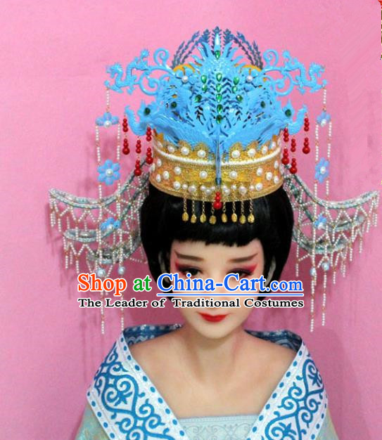 Traditional Handmade Chinese Hair Accessories Palace Lady Blue Phoenix Coronet Complete Set, Empress Hair Jewellery Hairpins for Women