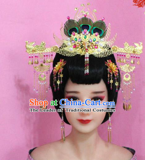 Traditional Handmade Chinese Hair Accessories Palace Lady Tassel Phoenix Coronet Complete Set, Xiuhe Suit Princess Step Shake Hairpins for Women