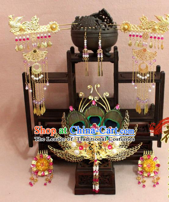 Traditional Handmade Chinese Ancient Classical Hair Accessories Bride Wedding Barrettes Empress Phoenix Coronet Hairpins