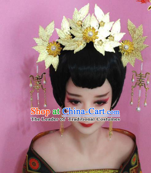 Traditional Handmade Chinese Hair Accessories Palace Lady Golden Lotus Phoenix Coronet Complete Set, Xiuhe Suit Princess Step Shake Hairpins for Women