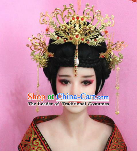 Traditional Handmade Chinese Hair Accessories Palace Lady Empress Phoenix Coronet, Xiuhe Suit Tassel Step Shake Hairpins Complete Set for Women