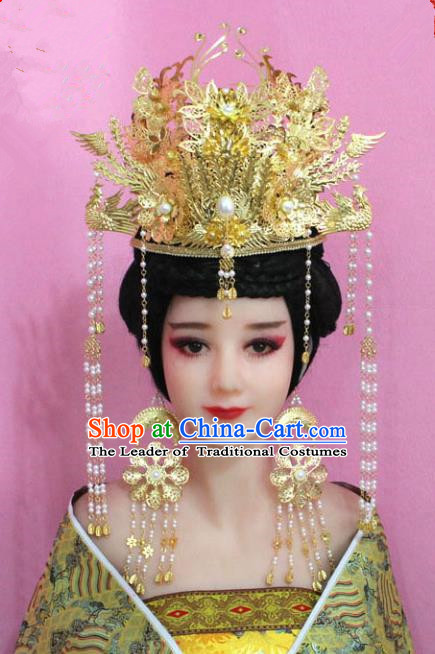 Traditional Handmade Chinese Hair Accessories Palace Lady Empress Golden Phoenix Coronet, Xiuhe Suit Tassel Step Shake Hairpins for Women