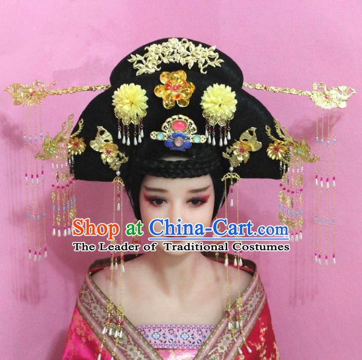 Traditional Handmade Chinese Hair Accessories Palace Lady Empress Flowers Headwear, Imperial Concubine Tassel Step Shake Hairpins for Women