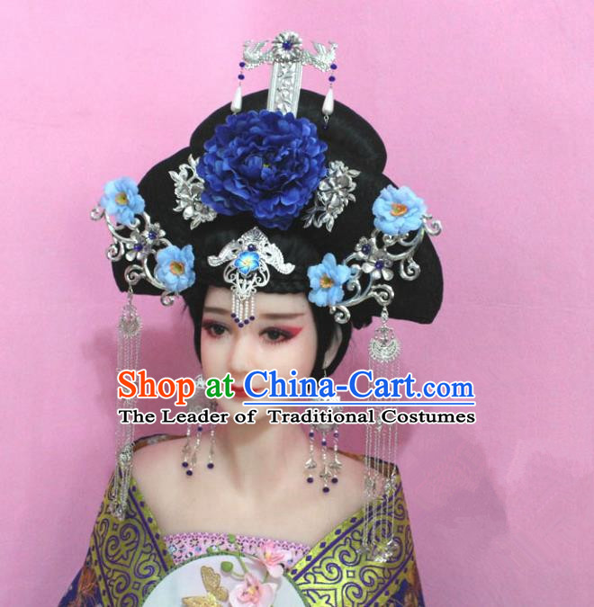Traditional Handmade Chinese Hair Accessories Palace Lady Empress Blue Peony Headwear, Imperial Concubine Tassel Step Shake Hairpins for Women