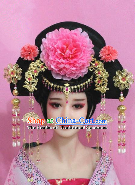 Traditional Handmade Chinese Hair Accessories Palace Lady Empress Peony Phoenix Coronet Headwear, Imperial Concubine Tassel Step Shake Hairpins for Women
