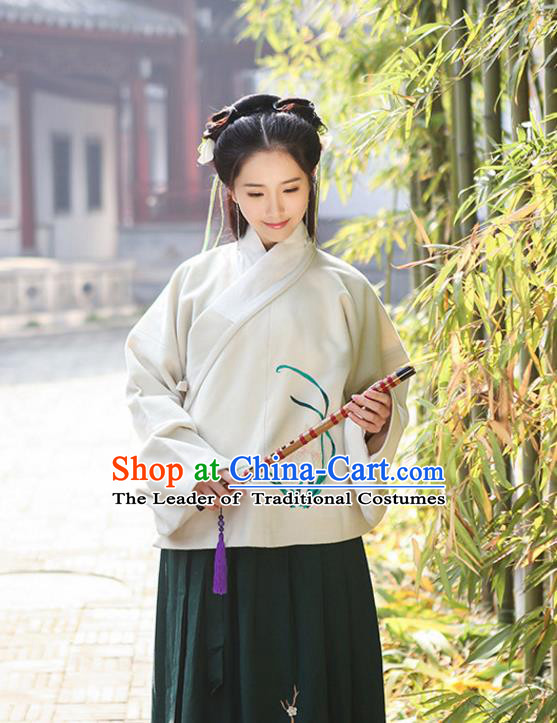 Traditional Chinese Ancient Hanfu Princess Costume Upper Outer Garment, Asian China Ming Dynasty Young Lady Embroidered Orchid White Blouse for Women