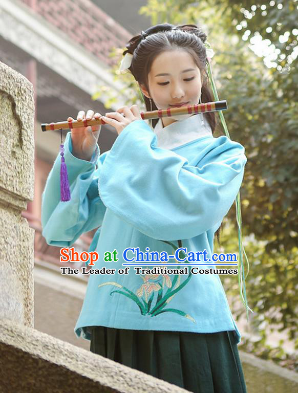 Traditional Chinese Ancient Hanfu Princess Costume Upper Outer Garment, Asian China Ming Dynasty Young Lady Embroidered Orchid Blue Blouse for Women