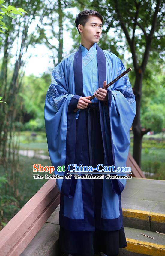 Traditional Chinese Ancient Imperial Bodyguard Costume, Asian China Han Dynasty Swordsman Blue Embroidered Cloak for Men