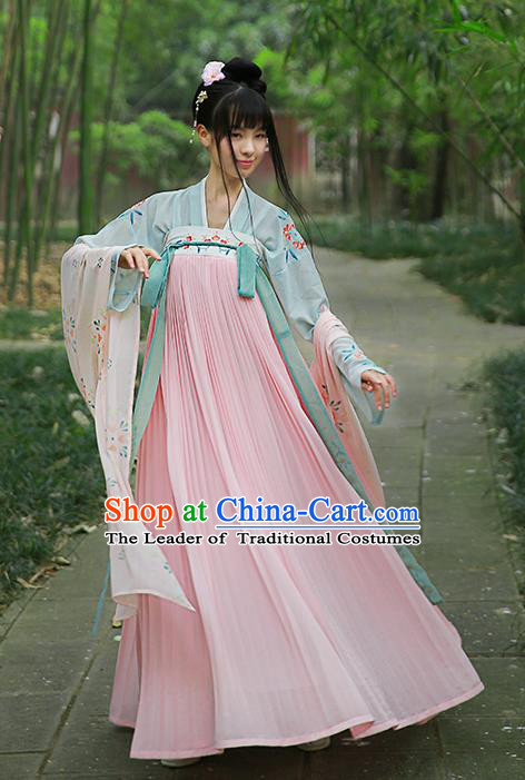 Traditional Chinese Ancient Hanfu Princess Costume Embroidered Pink Slip Skirt, Asian China Tang Dynasty Palace Lady Clothing for Women