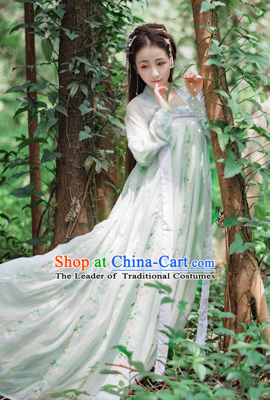 Traditional Chinese Ancient Palace Lady Costume, Asian China Tang Dynasty Princess Embroidered Green Dress Clothing for Women