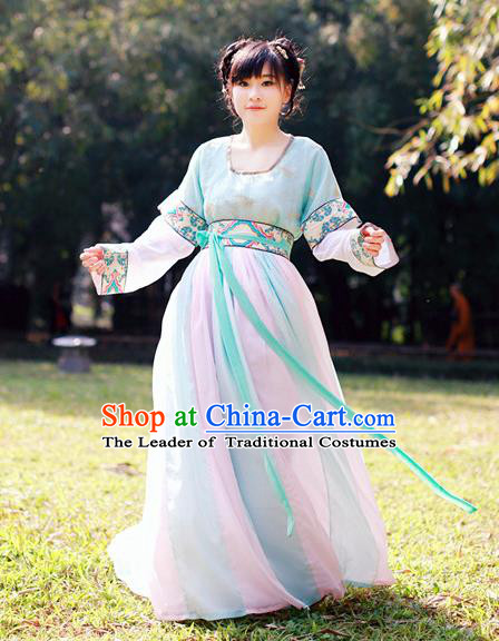 Traditional Chinese Ancient Palace Lady Costume, Asian China Tang Dynasty Princess Embroidered Half-Sleeves Dress Clothing for Women