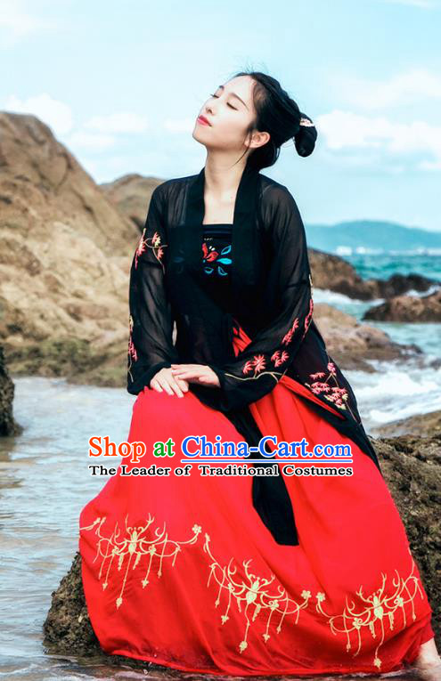 Traditional Chinese Ancient Palace Lady Costume, Asian China Song Dynasty Princess Embroidered Black BeiZi and Slip Skirts for Women